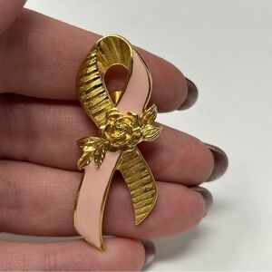 Vintage Avon Pink Breast Cancer Ribbon with Gold Tone Rose Detail Lapel Pin
